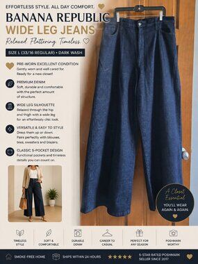 Banana Republic Wide Leg Pleated Dark Wash Jeans Size 33/16 Career Chic